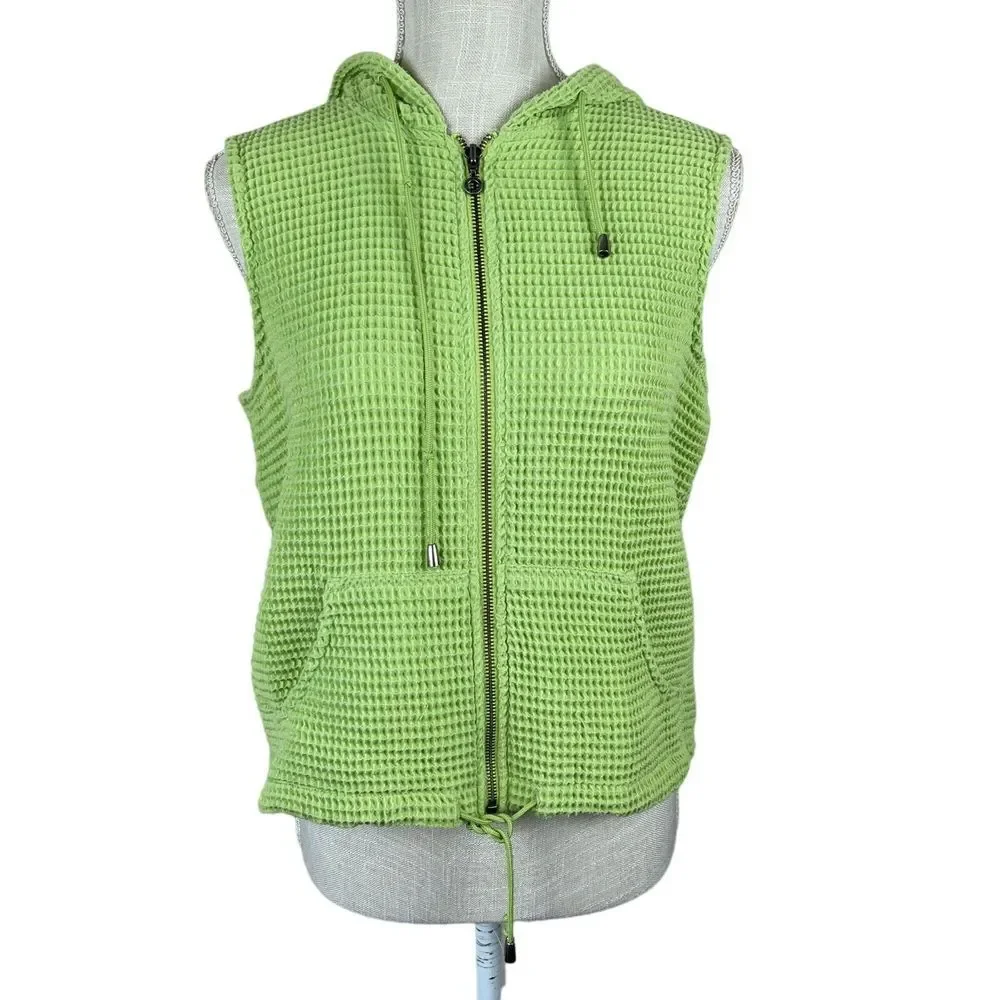 Christopher & Banks Waffle Weave‎ Vest Womens S Green Sleeveless Hooded Full Zip